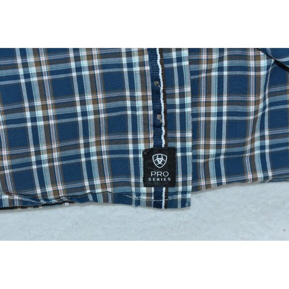 Ariat Pro Series Men's Shirt Size XXLT Navy Blue Plaid Short Sleeve Button Up - Picture 9 of 14